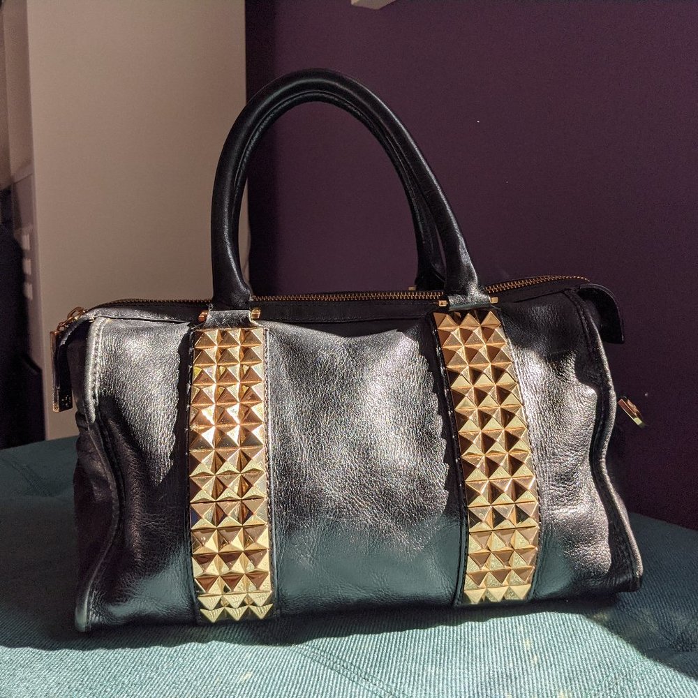 TORY BURCH Black Leather Studded Bag - Gold Pyramid Studs
